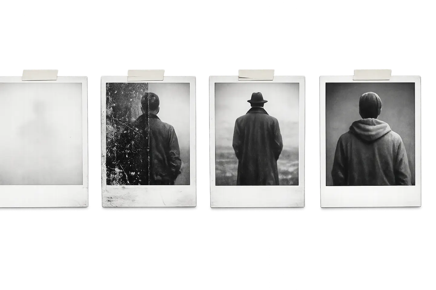 Four monochrome snapshot artifacts representing people a credit snapshot can misread.